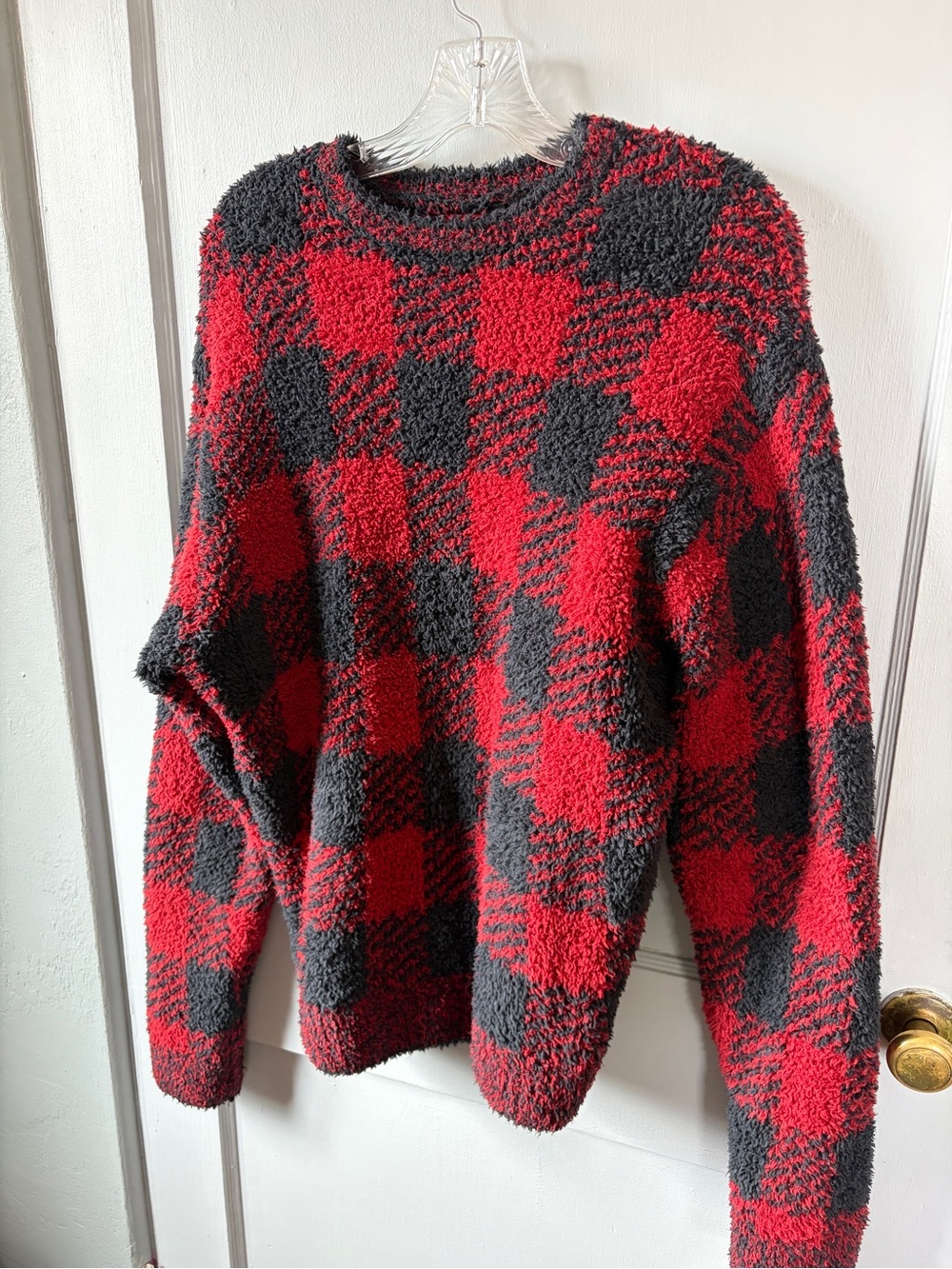 SKIMS Red and Black Buffalo Check Crewneck Sweater
